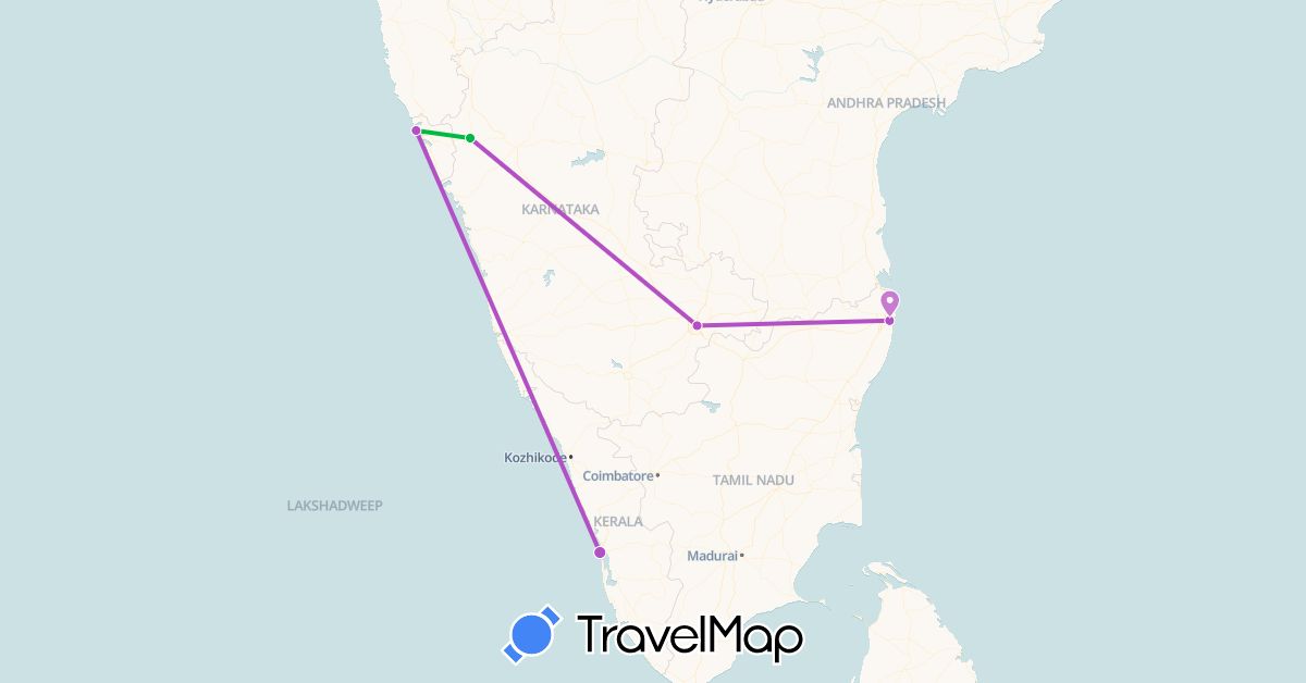 TravelMap itinerary: bus, train in India (Asia)
